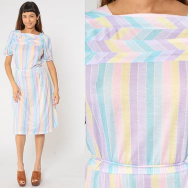 80s Pastel Striped Dress Puff Sleeve Midi Rainbow Kawaii Puffy High Waisted Hippie Vintage Secretary Lavender Blue Blouson Small Medium 