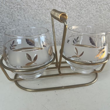 Vintage MCM Libbey glass sugar creamer set with holder Gold leaf pattern 