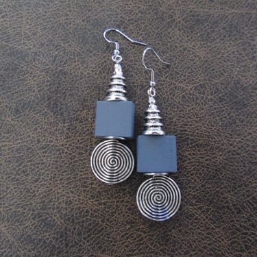 Gray wood, silver geometric earrings, Afrocentric dangle earrings, mid century modern earrings, African earrings, bold statement, unique 