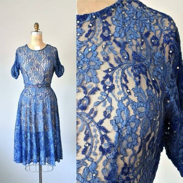 Belle lace rhinestones 1940s dress, 40s lace dress, blue dress, 1930s dress, vintage clothing 