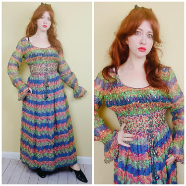 1970s Vintage Valentina LTD Beaded Corset Waist Maxi Dress / 70s Psychedelic Blue and Green Oily Slick Bohemian Gown / Large 