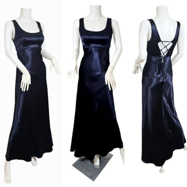 Steppin Out 1990s Midnight Blue Satin Rayon Tie Back Long Dress I Sz Sm 