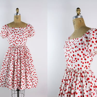 50s Polka Dots Dress / Fit and Flare Dress / Vintage Summer Dress / White and Red Polka Dots / Size XS/S 