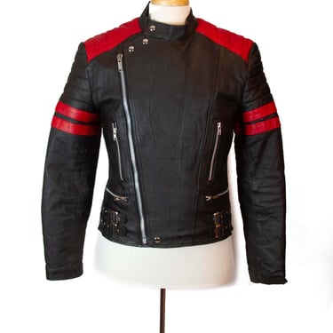 1980s Mens Jacket ~ Black and Red Leather Motorcycle Jacket 