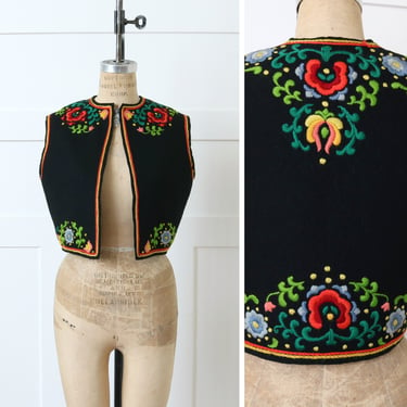 vintage 1930s embroidered wool vest • folkloric floral vest • brightly colored crewel embroidery 