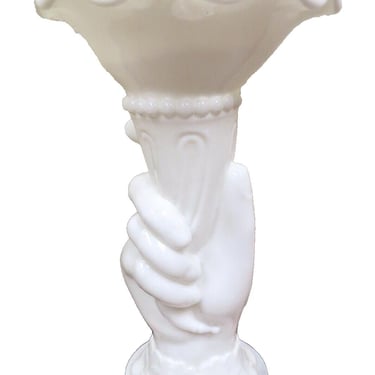 Vintage Westmoreland White Milk Glass Hand Holding Torch Vase W/ Ruffled Top 8” 