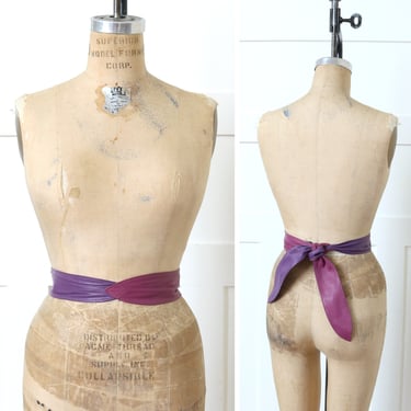 vintage 1980s purple leather tie belt • two-tone color block waist belt 