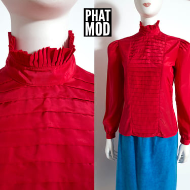Fashion Forward Vintage 80s Red Ruffle Pintuck Long Sleeve Blouse 