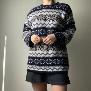 Vintage 90s Alpine Nordic Striped Blue and White Oversized Wool Geometric Sweater Size Large 