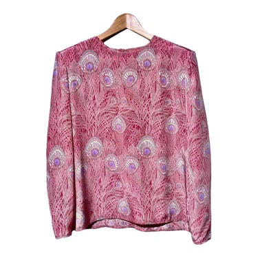 Feather Print Blouse, Vintage 70s 80s Boho Silky Long Puff Sleeve Loose Fit Top Retro Fairy Graphic Print Bohemian Pink Lavender Shirt 