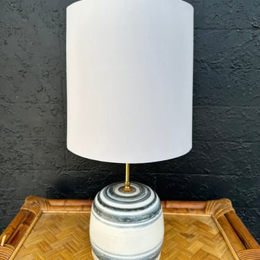 Blue And White Studio Pottery Lamp With Gray Shade
