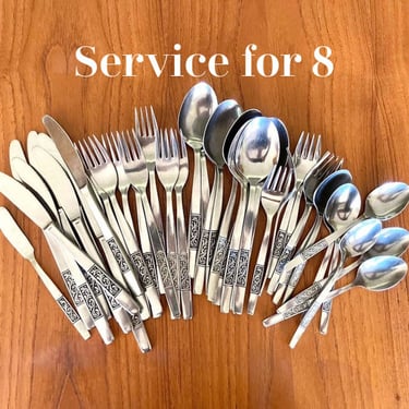 Amefa Royal Damask Holland stainless flatware service for 8 - plus serving utensils ladle carving set 