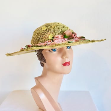 1950's Chartreuse Green Yellow Open Weave Wide Brim Hat Pink Velvet Rose Petals Trim Garden Party Hats Portrait Picture Spring Summer Hanlon 