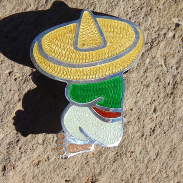 JF ~ Fuentes Mexico Sterling Silver and Enamel Barefoot Hombre in Sombrero taking a Siesta Pin / Brooch 