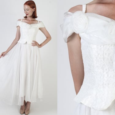 White Lace Prom Dress, Vintage 70s Peplum, Off The Shoulder Dress, Long Victorian Style Length 