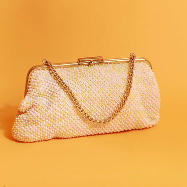 50s White Pastel Beaded Purse Vintage Bead Gold Chain Woven Handle Purse 