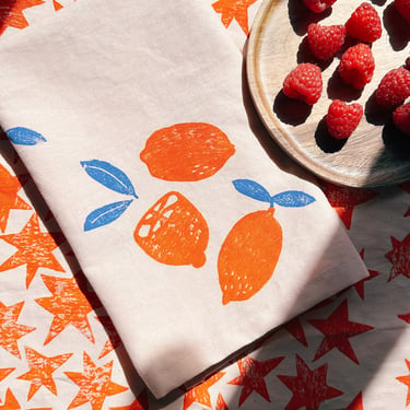 linen dinner napkins. oranges on blush. hand block printed. placemats / tea towel. vases. boho decor. hostess gifting. 