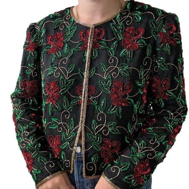 Vintage Laurence Kazar Christmas Green Red Sequin Beaded 100% Silk Cardigan Sz L 