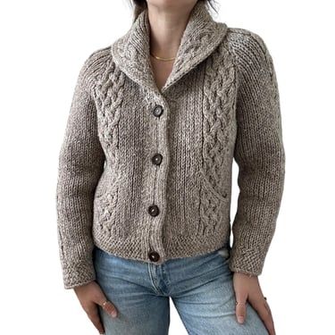 Vintage 1970s Womens Hand Knitted Beige 100% Wool Chunky Fisherman Cardigan Sz M 