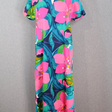 1960s 1970s Floral Hawaiian Maxi Dress - Palm Springs Kaftan - Mid Century Mod - Tropical Kaftan - Resort Wear 