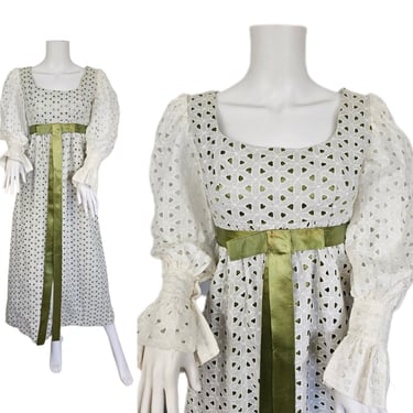 1970's White Cotton Eyelet Empire Waist Maxi Dress I Sz Sm I Victorian Style 