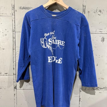 Vintage 70s Russell football Shirt Blue tshirt 3/4 sleeve Sabre Sartell Hockey Medium 