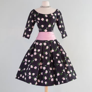 Classic 1950's French Couture Rose Print Party Dress Jean Dando Paris / Small