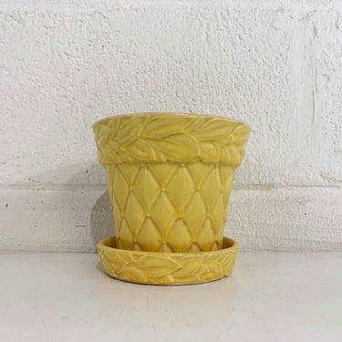 Vintage McCoy Butter Yellow Floral Planter Quilted Sunshine Attached Saucer Mid-Century Pottery Pot 1950s 50s 