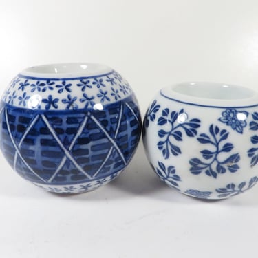 Vintage Blue White Chinoiserie Candle Holders  - Two Blue White Ceramic Ball Tea LIght Candle Holders 