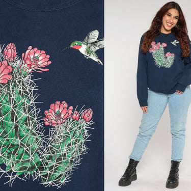 Cactus Hummingbird Sweatshirt 90s Desert Shirt Bird Flower Graphic Sweater Retro Animal Nature Wildlife Navy Blue Vintage 1990s Mens Large 