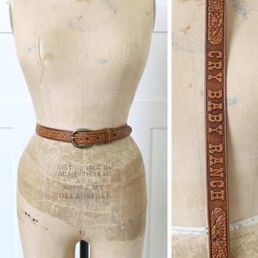 vintage hand tooled leather belt • "Cry Baby Ranch" custom brown leather unisex waist belt 