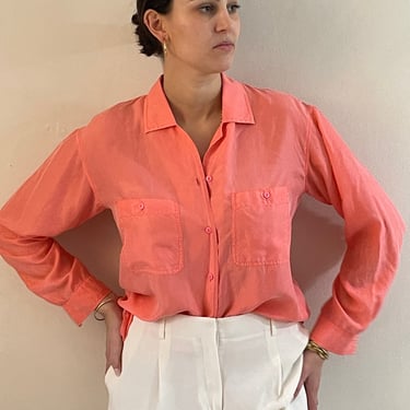 90s silk blouse / vintage neon salmon orange washed tissue thin silk pocket shirt blouse | Medium 