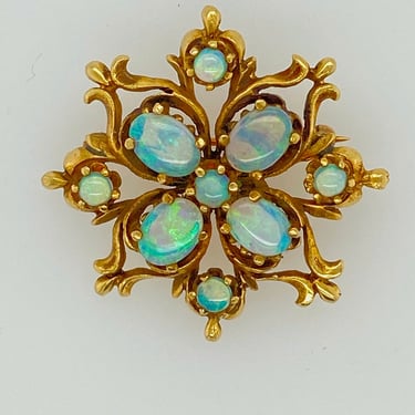 Vintage Antique Fiery Opal 14k Gold Pin Brooch Amazing Color 9 Opals 6.9g 
