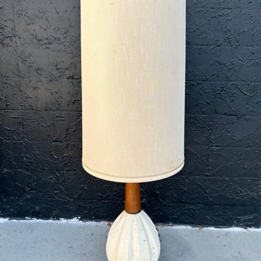White Pottery And Teak Lamp With Shade