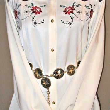 Wrangler Vintage Retro Women's Cowgirl Shirt, Rodeo Queen, Ivory with Red & Green Embroidered Flowers, Size Medium (see meas. photo) 