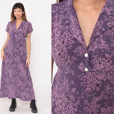 Purple Floral Dress 90s Grunge Dress Maxi Empire Waist Button Up Ankle Length Flower Print Short Sleeve Dress Vintage 1990s Medium 