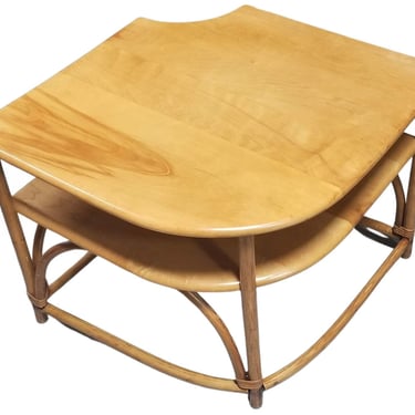 Restored Mid Century Maple and Faux Rattan Corner Table by Heywood Wakefield 