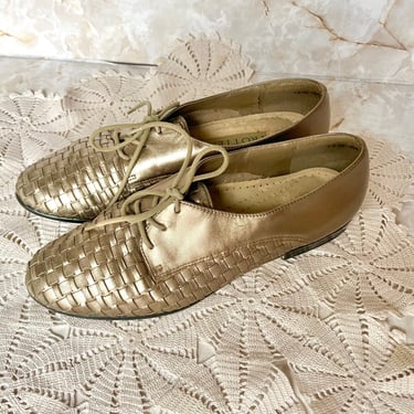 Lace Up Shoes, Huarache Woven Leather Oxfords, Flats, Metallic, Size 7 US 