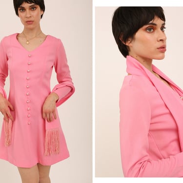 Vintage 1960s 60s Bubblegum Barbie Pink Long Sleeve Pearl Button Up Micro Mini Dress w/ Matching Tassel Scarf Belt 