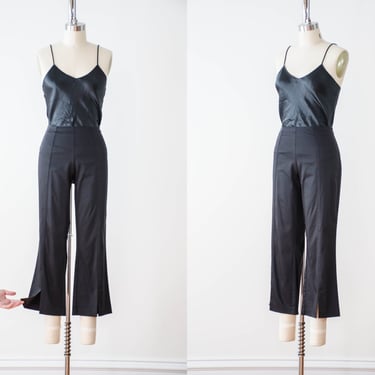black cropped pants | 90s y2k vintage Cachet glossy black mid rise split leg cropped flare pants 