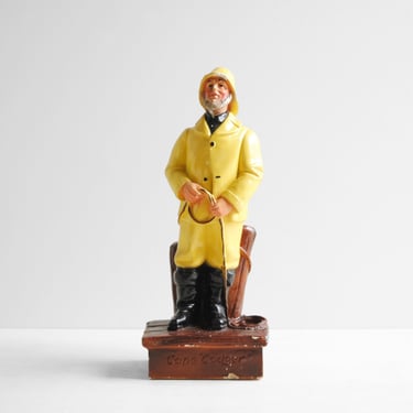 Vintage Chalkware Fisherman Statue or Bookend, Cape Codger in Yellow Rain Jacket 