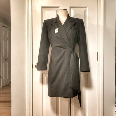 Grey Pinstripe Tuxedo Dress / Blazer Dress Wrap Mini Bergdorf Goodman Vintage Sexy Secretary 1980s Power Dress Gray Stripe Felt Wool 
