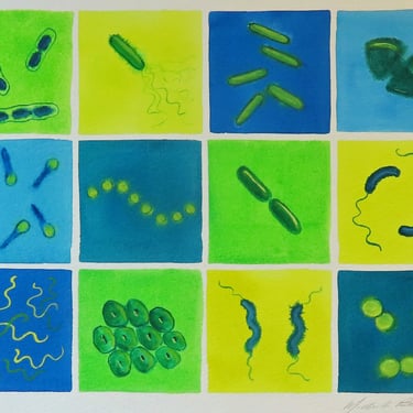 Green and Blue Microbes - original watercolor painting of bacteria - microbiology art 