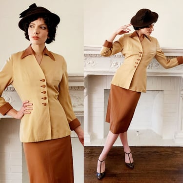 1940s Skirt Suit in Beige and Tan Gabardine Wool w- Large Collar 