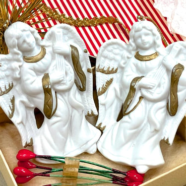 VINTAGE: 2pcs - Homco Christmas Bisque Porcelain Angel Ornament - Musical Angels - Christmas Holiday - SKU 00034580 