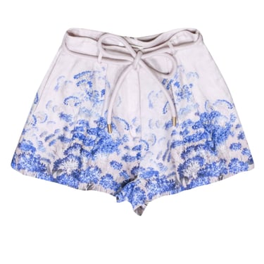 Zimmermann - Beige Linen Shorts w/ Lilac &amp; Blue Floral Print Sz 8