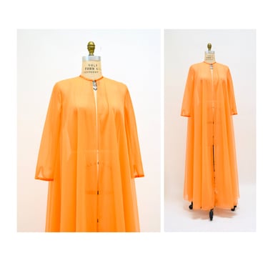 60s 70s Vintage Sheer Orange Peignoir Robe Medium Wedding Honeymoon Robe Sheer Nightgown// Vintage Vanity Fair Sheer Orange Robe Nightgown 