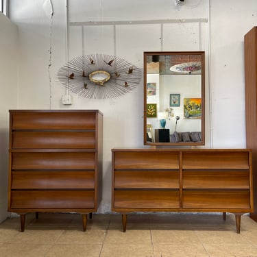 Mid Century Walnut Lowboy Six Drawer Dresser and Walnut Five Drawer Highboy Dresser by Johnson Carper 