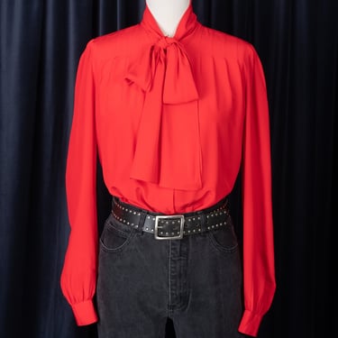 Vintage 1980s Adrianna Papéll 100% Silk True Red Valentino-esque Pussy Bow Blouse 