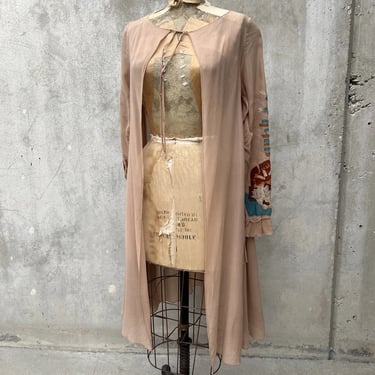 Vintage 1920s Ecru Silk Chiffon Duster Coat Colorful Appliqués Dress Jacket Deco